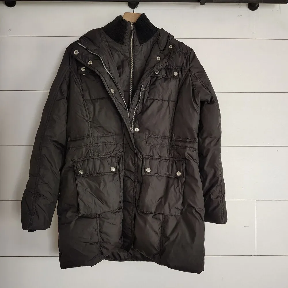 Michael Kors Women’s Black Hooded Puffer Coat Quilted Zip Snap Jacket Size Small